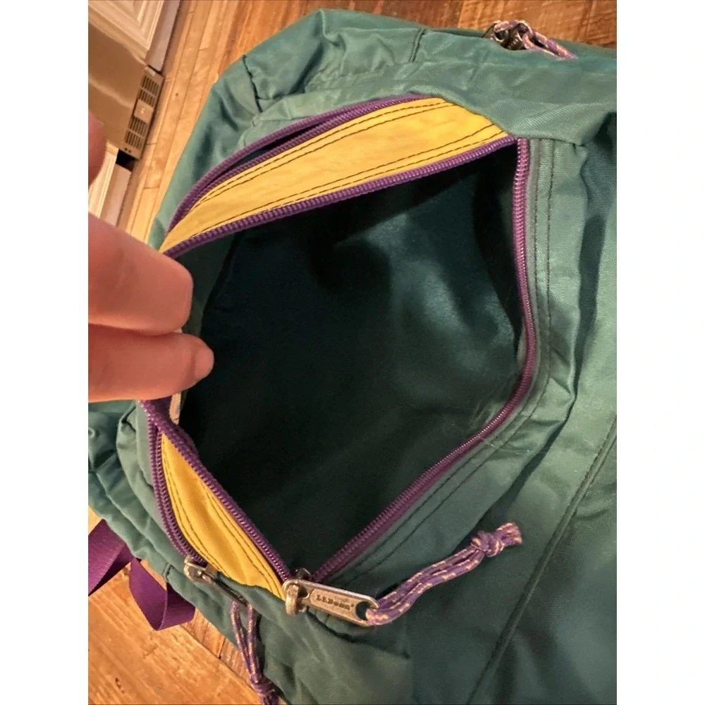 VTG LL Bean Deluxe Book Pack Nylon Backpack Green Purple School Casual Outdoors